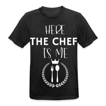 Kitchen apron here the chef us me - Men's Breathable T-Shirt - black - Front - AI Model Male 178 light (178cm)