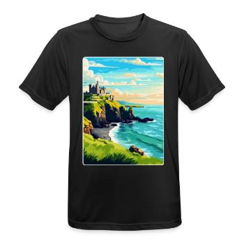 Dunluce Castle Ireland Uk Vintage Travel Poster - Men's Breathable T-Shirt - black - Front - AI Model Male 178 light (178cm)