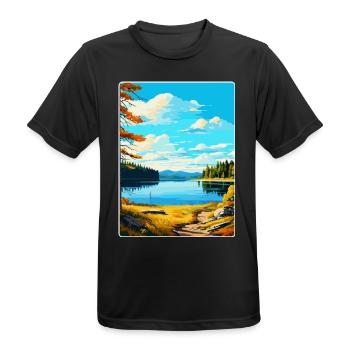 Kielder Water Forest Park England Uk Travel Poster - Men's Breathable T-Shirt - black - Front - AI Model Male 178 light (178cm)