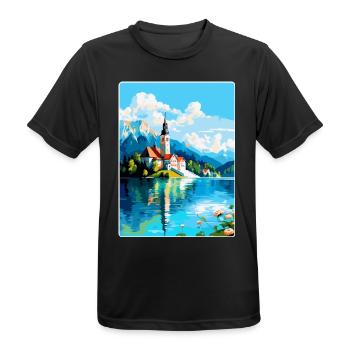 Lac de Bled, Slovénie, Affiche de voyage vintage, Souvenir - T-shirt respirant Homme - noir - Devant - AI Model Male 178 light (178cm)
