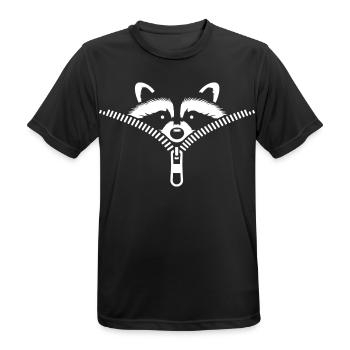 Small raccoon hidden in a zipper - Men's Breathable T-Shirt - black - Front - AI Model Male 178 light (178cm)