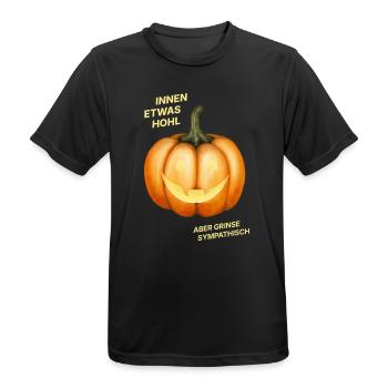 Innen etwas hohl, aber grinse sympathisch - Kürbis - Männer T-Shirt atmungsaktiv - Schwarz - Vorne - AI Model Male 178 light (178cm)