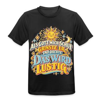 Als Gott mich schuf – Retro Spruch - Männer T-Shirt atmungsaktiv - Schwarz - Vorne - AI Model Male 178 light (178cm)