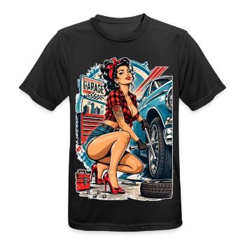Rockabilly Pinup Girl: Reifenwechsel in High Heels - Männer T-Shirt atmungsaktiv - Schwarz - Vorne - AI Model Male 178 light (178cm)