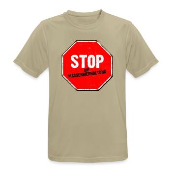 Stoppt die Massenbierhaltung - Männer T-Shirt atmungsaktiv - Sandbeige - Vorne - AI Model Male 185 dark (185cm)