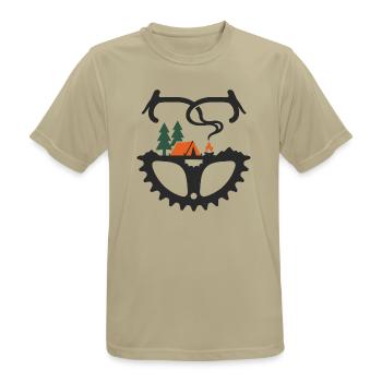 Bikepacking-Zelt auf dem Fahrrad Kettenflügel-Lagerfeuer-Kunst - Männer T-Shirt atmungsaktiv - Sandbeige - Vorne - AI Model Male 185 dark (185cm)