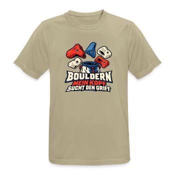 Bouldern – Mein Kopf sucht den Griff - Männer T-Shirt atmungsaktiv - Sandbeige - Vorne - AI Model Male 185 dark (185cm)