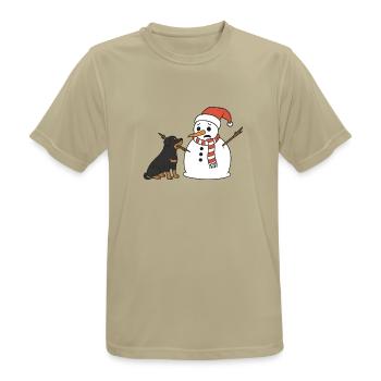 Rottweiler klaut Schneemann den Stockarm - Männer T-Shirt atmungsaktiv - Sandbeige - Vorne - AI Model Male 185 dark (185cm)