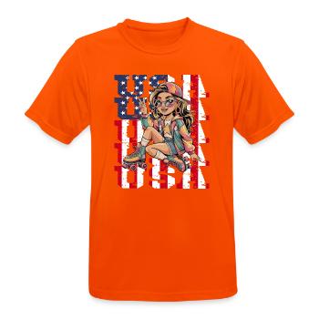  Stylisches USA-Retro-Girl auf Rollschuhen mit - Männer T-Shirt atmungsaktiv - Neonorange - Vorne - AI Model Male 185 dark (185cm)