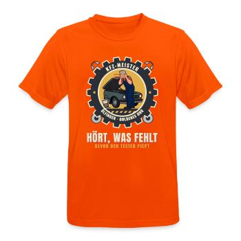 Kfz-Meister – Mechaniker Werkstatt Meisterbrief - Männer T-Shirt atmungsaktiv - Neonorange - Vorne - AI Model Male 185 dark (185cm)