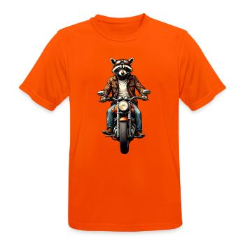 Waschbär auf Oldtimer-Motorrad, Gravur – ohne Text - Männer T-Shirt atmungsaktiv - Neonorange - Vorne - AI Model Male 185 dark (185cm)
