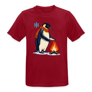 Pinguin mit Schal am Lagerfeuer - Männer T-Shirt atmungsaktiv - Dunkelrot - Vorne - AI Model Male 178 light (178cm)