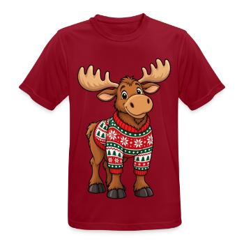 Weihnachtselch mit Pullover – Lustiger Comic Elch - Männer T-Shirt atmungsaktiv - Dunkelrot - Vorne - AI Model Male 178 light (178cm)