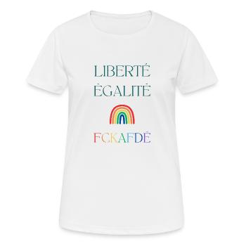 LIBERTÉ EGALITÉ FCKAFDÉ - Regenbogen Design FCKAFD - Frauen T-Shirt atmungsaktiv - Weiß - Vorne - AI Model Female 172 dark (172cm)
