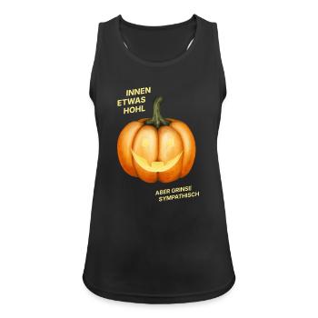 Innen etwas hohl, aber grinse sympathisch - Kürbis - Frauen Tank Top atmungsaktiv - Schwarz - Vorne - Zoe (177cm)