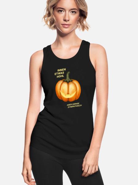 Innen etwas hohl, aber grinse sympathisch - Kürbis - Frauen Tank Top atmungsaktiv - Schwarz - Vorne - Zoe (177cm)