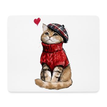 Süße Katze mit Baskenmütze und Strickpullover - Mousepad (Querformat) - Weiß - Vorne