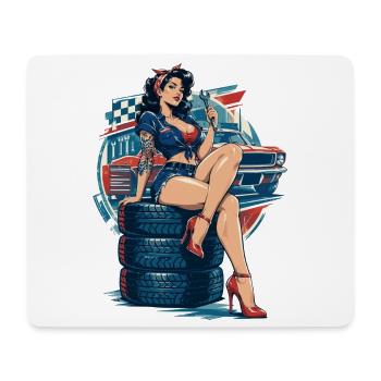 Hot Rod Pin-up Girl auf Reifenstapel - Mousepad (Querformat) - Weiß - Vorne