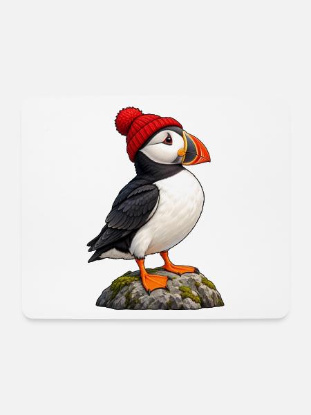 Papageitaucher mit roter Bobble-Mütze - Mousepad (Querformat) - Weiß