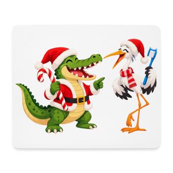 Weihnachtliches Krokodil mit Zahnbürste und Vogel - Mousepad (Querformat) - Weiß - Vorne
