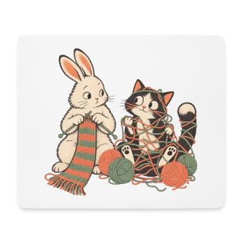 Kaninchen und Katze beim Stricken - Mousepad (Querformat) - Weiß - Vorne