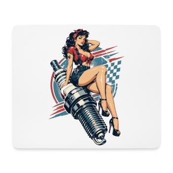 Vintage Hot Rod Pin-Up: Mechanikerin auf Zündkerze - Mousepad (Querformat) - Weiß - Vorne