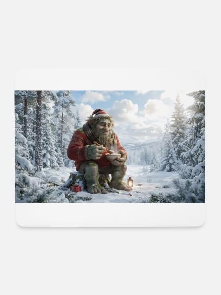 Winter Yeti am Feuer im Schneeland - Mousepad (Querformat) - Weiß