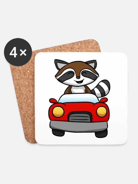 Auto Waschbär Lustig - Untersetzer (4er-Set) - Weiß