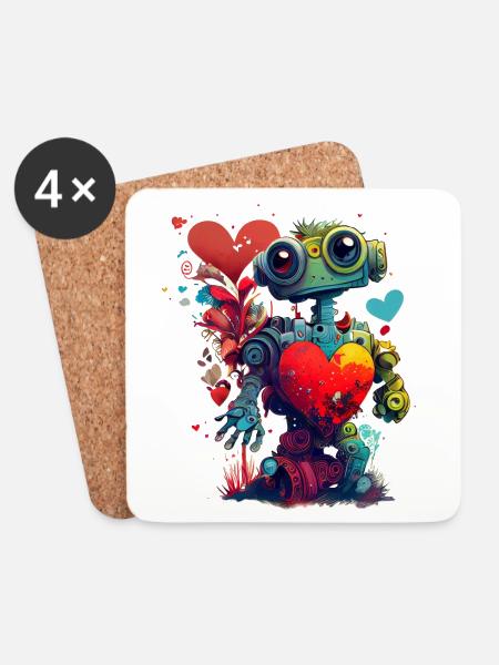 Lustiger Roboter mit Herz, Valentinstag - Untersetzer (4er-Set) - Weiß