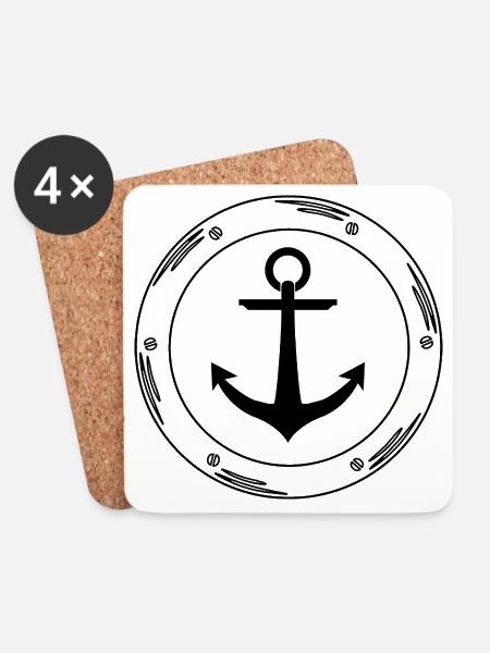 Bullauge mit Anker / Porthole with anchor - Untersetzer (4er-Set) - Weiß