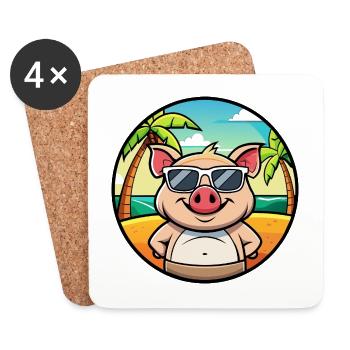 Cochon Drôle Dessin Animé Plage D’été Lunettes De Soleil Autocollant - Dessous de verre (lot de 4) - blanc - Devant