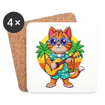 Drôle Chat Dessin Animé Plage D’été Lunettes De Soleil Guitare - Dessous de verre (lot de 4) - blanc - Devant