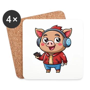 Cochon Drôle Dessin Animé Personnage Casque Musique - Dessous de verre (lot de 4) - blanc - Devant