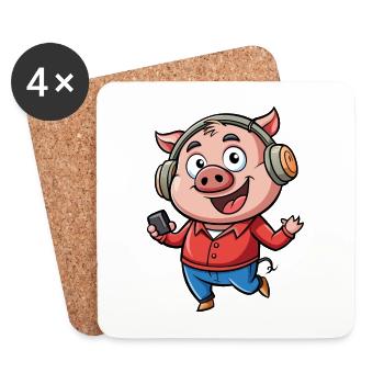 Cochon Drôle Dessin Animé Personnage Casque Musique - Dessous de verre (lot de 4) - blanc - Devant