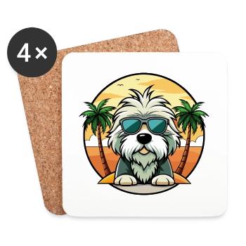 Vieux chien de berger anglais race dessin animé lunettes de soleil plage - Dessous de verre (lot de 4) - blanc - Devant