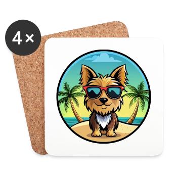 Yorkshire Terrier Dog Breed Cartoon Sunglass Beach - Coasters (set of 4) - white - Front