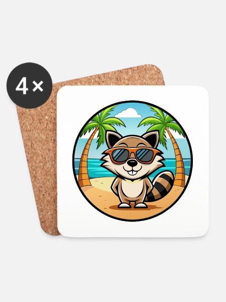 Waschbär Lustig Cartoon Sommer Strand Sonnenbrille Cool - Untersetzer (4er-Set) - Weiß