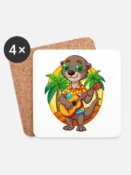 Lustige Otter Cartoon Sommer Strand Sonnenbrille Gitarre - Untersetzer (4er-Set) - Weiß