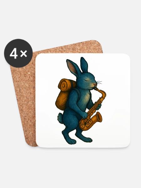 Blaues Kaninchen mit Saxophon - Untersetzer (4er-Set) - Weiß