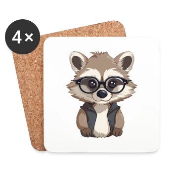 Waschbär mit Brille Cartoon Kawaii Illustration - Untersetzer (4er-Set) - Weiß - Vorne