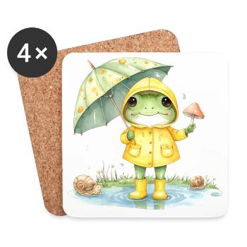 Frosch Regenmantel Regenschirm Aquarell T-Shirt - Untersetzer (4er-Set) - Weiß - Vorne