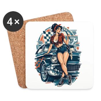 Hot Rod Pin-up Girl: 50s Muscle Car Mechanikerin - Untersetzer (4er-Set) - Weiß - Vorne