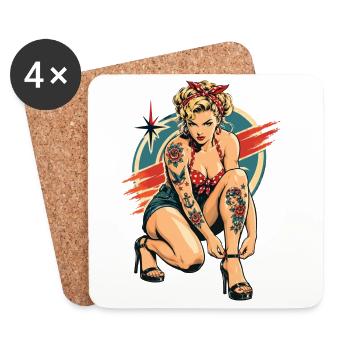 Rockabilly Pin-Up: Old School Tattoo Style - Untersetzer (4er-Set) - Weiß - Vorne