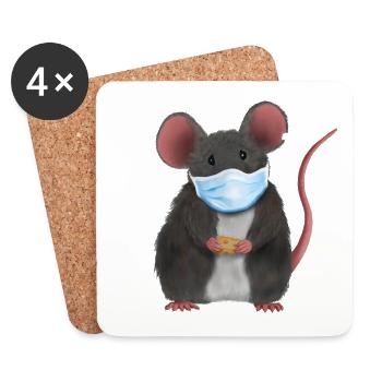 Ratte mit Mundschutz - Ratte mit Käse - Untersetzer (4er-Set) - Weiß - Vorne