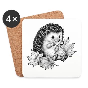 Süßer Igel näht Herbstblätter - Untersetzer (4er-Set) - Weiß - Vorne