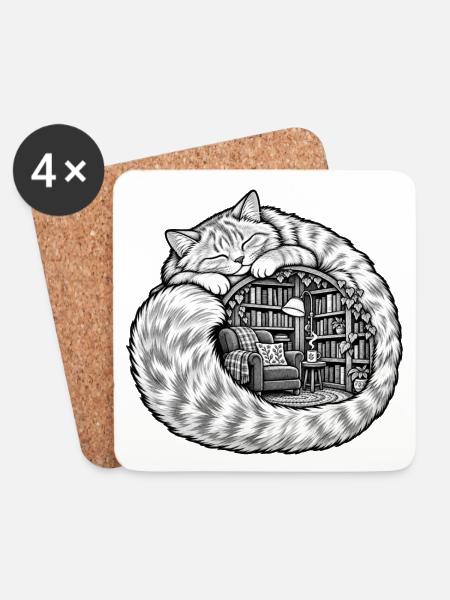 Schlafende Katze mit einer gemütlichen Bibliothek - Untersetzer (4er-Set) - Weiß