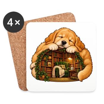 Schlafender Golden Retriever mit einer gemütlichen Bibliothek - Untersetzer (4er-Set) - Weiß - Vorne