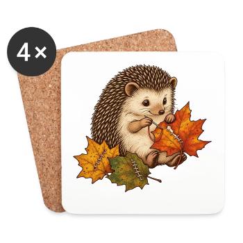 Süßer Igel näht Herbstblätter - Untersetzer (4er-Set) - Weiß - Vorne