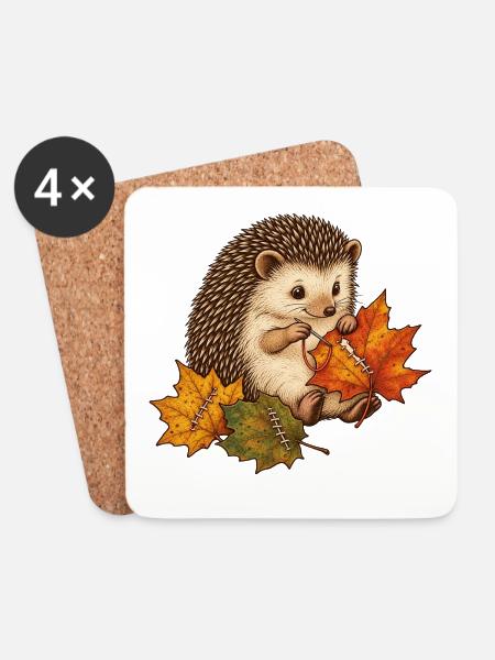Süßer Igel näht Herbstblätter - Untersetzer (4er-Set) - Weiß