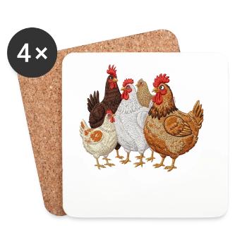 Hühnerfamilie Stickerei - Untersetzer (4er-Set) - Weiß - Vorne